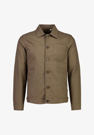 Braune Canvasjacke mit Knopfverschluss, einer Brusttasche und zwei Seitentaschen. Mit klassischem Kragen und geradem Saum.