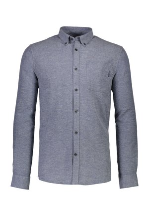 Langarm overhemd in gemêleerd blauwe stof, met een borstzak, button-down kraag en zwarte knopen.