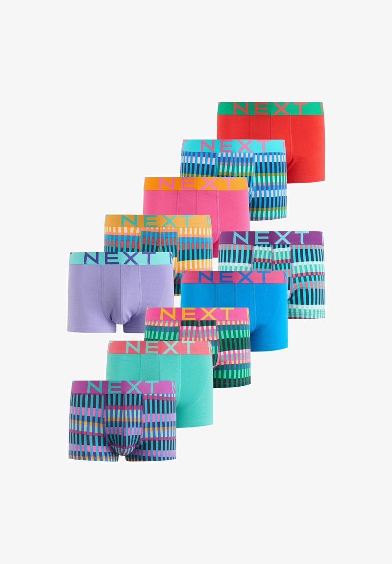 Ten pairs of men's boxer briefs in solid and multicolored stripe patterns with branded elastic waistbands reading "NEXT."