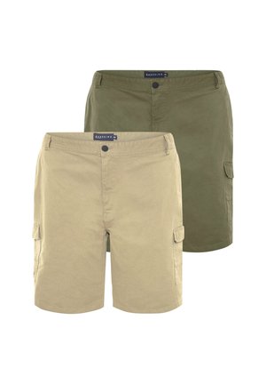 Twee paar cargoshorts, één kaki en één olijfgroen, overlappend weergegeven met zijzakken en knoopsluitingen aan de tailleband.
