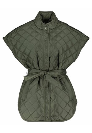Olivengrøn quiltet ærmeløs jakke med ståkrave, trykknapper foran og taljebælte.