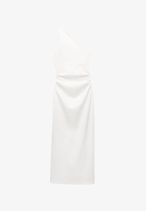 Asymmetriska vita klänning med en axel, samlad textur, figurnära silhuett och midi-längd. Enkel, slät tyg.