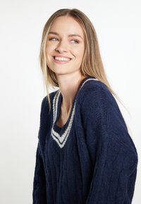 Navyblauer Strickpullover mit strukturiertem Muster, V-Ausschnitt und weißen Streifenakzenten entlang des Kragens.