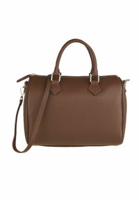 Brązowa skórzana torebka o teksturowanym wykończeniu. Posiada podwójne uchwyty u góry, odczepiany pasek na ramię oraz zamek błyskawiczny na górze.