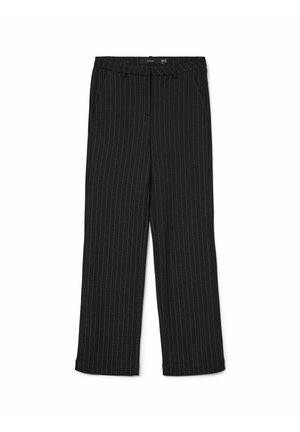 Pantalons noir à rayures avec une coupe droite, dotés d'une taille plate et de poches latérales. Fabriqués en tissu lisse, avec une texture subtile.