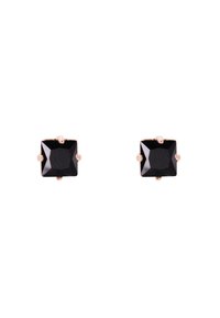 Orecchini a forma di quadrato nero con design sfaccettato, montati in metallo color oro rosa, con quattro accenti a becco visibili.