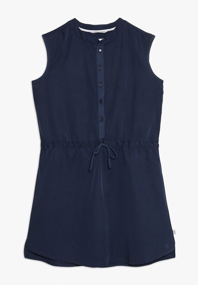Robe bleu marine sans manches avec patte de boutonnage devant, col rond et cordon à la taille.