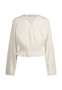 Blusa bianca a cropped realizzata in tessuto testurizzato, con scollatura a V, maniche lunghe e vita arricciata con orlo a volant.