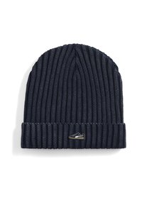 Gorro de punto azul marino con textura de canalé y dobladillo, que presenta un pequeño logo en la parte delantera.