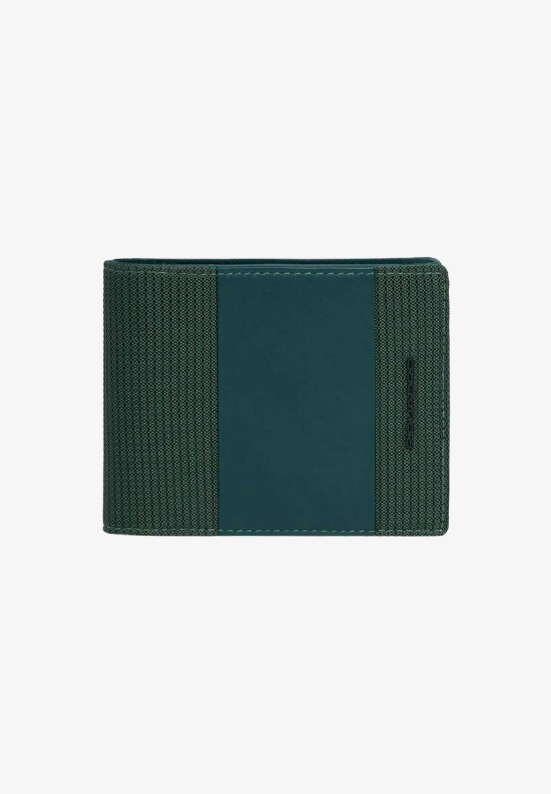 Portafoglio verde con un lato in tessuto testurizzato e una sezione liscia simile alla pelle. Design rettangolare compatto con bordi cuciti.