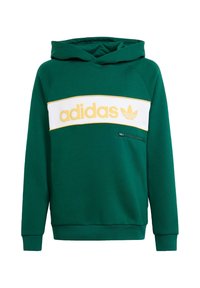 Grön huvtröja gjord av bomullsblandning, med ett vitt och gult adidas-logobälte över bröstet och en liten zippered ficka.