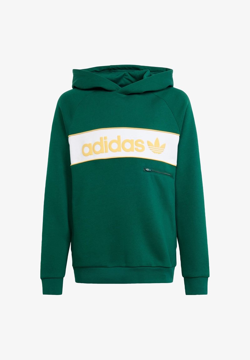 Grön huvtröja gjord av bomullsblandning, med ett vitt och gult adidas-logobälte över bröstet och en liten zippered ficka.
