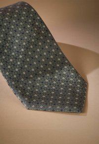 Grüne gemusterte Krawatte mit einem geometrischen Design und weißen sowie blauen Akzenten, aus glattem Stoff gefertigt, mit spitzem Ende und klassischer Form.
