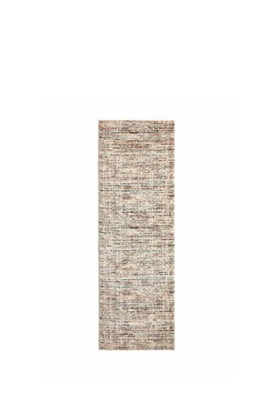 Rechteckiger Teppich mit einem dezenten mehrfarbigen Streifenmuster, das Beige, Braun, Grau und subtile Rottöne auf hellem Hintergrund kombiniert.
