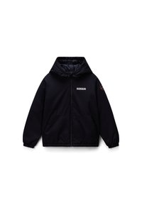 Veste à capuche noire en tissu lisse. Elle dispose d'une fermeture éclair à l'avant, de deux grandes poches, de poignets élastiques et d'un logo sur la poitrine.