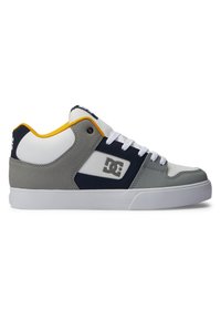 Grey, white, and navy skate shoes with a textured finish, contrasting yellow accents, white laces, and a logo on the side. Low-top design.