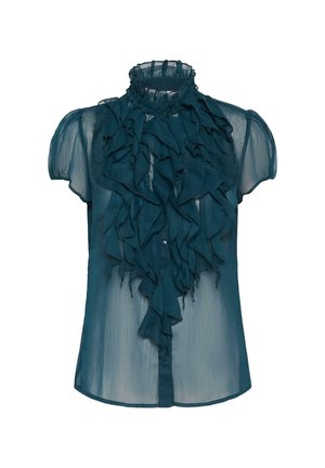 Teal sheer blouse with short sleeves, featuring a frilled design at the front and a gathered high neckline. Includes front button closures.