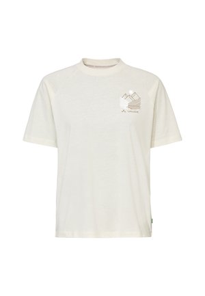 Witte kortärmelig T-shirt met een afbeelding van een berg en zon op de borst, en het "Vaude"-logo onder het ontwerp.