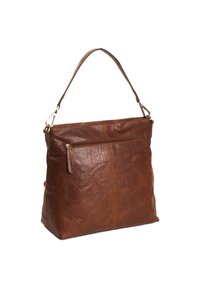 Bruine leren schoudertas met een gestructureerd oppervlak, bovenste rits en een buitenste voorzak. Voorzien van een schouderband.