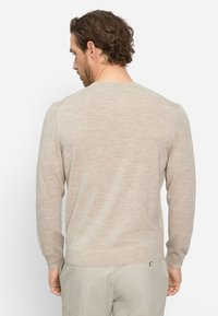Maglione beige chiaro con maniche lunghe, scollatura rotonda e texture sottile. Design aderente, senza motivi visibili, dettagli minimi all'orlo.