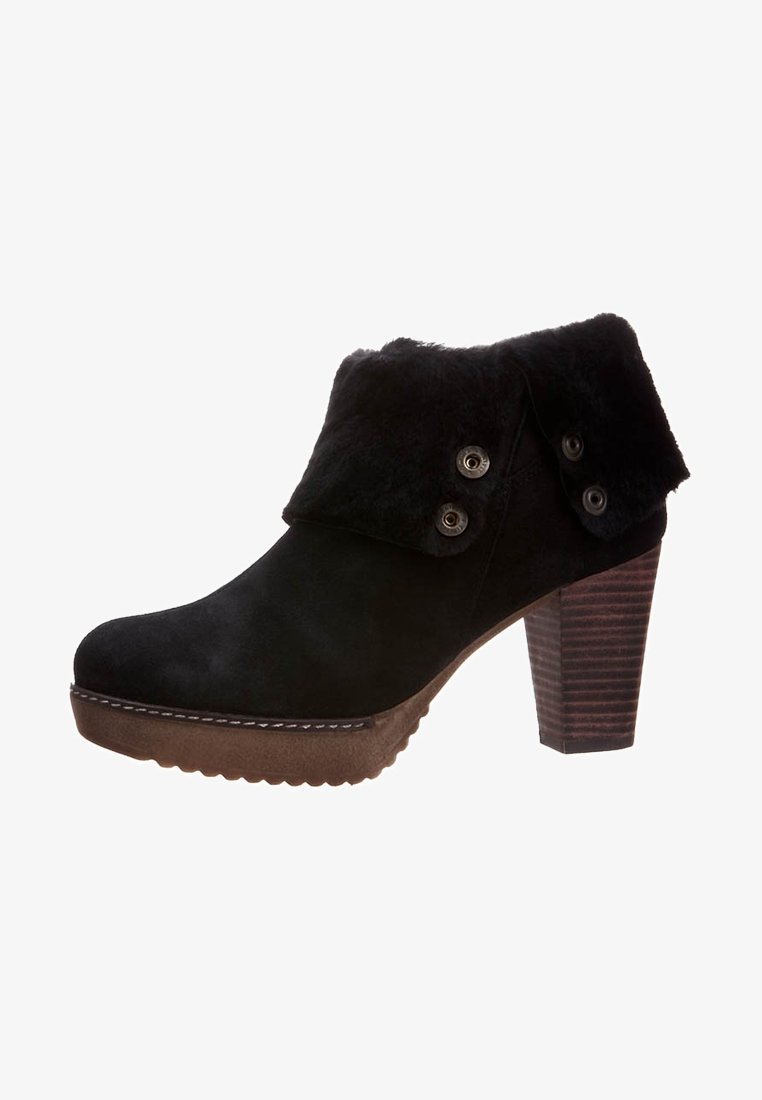 Schwarze Wildleder-Ankle Boots mit einem Kunstfellbund, ausgestattet mit zwei dekorativen Knöpfen. Sie verfügen über einen klobigen Holzabsatz und eine strukturierte Gummisohle.