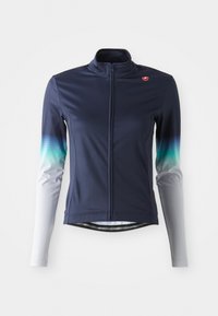 Långärmad cykeljacka med ståkrage. Mörk marinblå kropp som övergår till ljusgrå ärmar, med en texturerad tyg och en hel längd dragkedja.