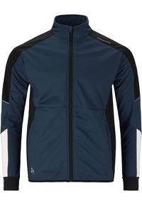 Marinblå idrottsjacka med svarta och vita accenter, hel dragkedja, ställbar krage och långärmar. Slät, elastisk tyg med en sportig design.