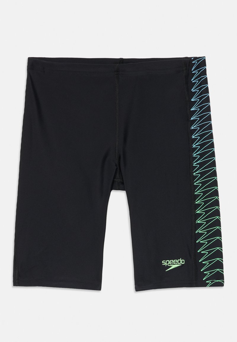 Calções de banho pretos com um ajuste justo e painel lateral com um padrão em zig-zag nas cores verde e azul. Inclui o logótipo da Speedo em verde.