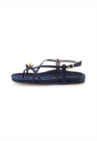 Denim sandalen in diepblauw, met kruislings banden, een gouden accent en een beige zool. Verstelbare enkelband met gespsluiting.