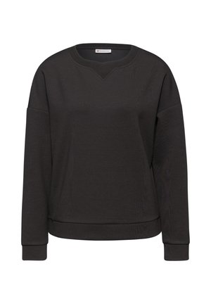 Svart sweatshirt i bomullsmix med bred halsringning, långa ärmar, ribbade manschetter och en V-formad detalj vid kragen.