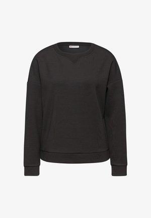 Sort sweatshirt lavet af en bomuldsblanding, med en bred halsudskæring, lange ærmer, ribbede manchetter og en V-formet detalje ved kraven.