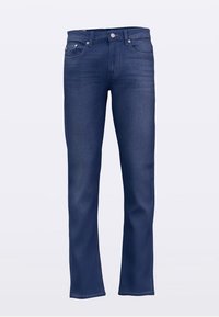 Donkere blauwe spijkerbroek met een rechte pijp, voorzien van vijf zakken, een ritssluiting en subtiele stikselaccenten.