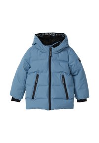 Veste d'hiver matelassée bleu clair avec capuche, fermeture éclair noire et deux poches avant zippées, marquée "S. Oliver" sur les fermetures éclaires et sur le bord intérieur de la capuche.