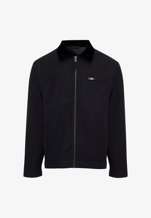 Schwarze Jacke mit Reißverschluss, Cordkragen und Brusttasche. Verfügt über lange Ärmel und eine glatte Textur. Schlichtes Design.