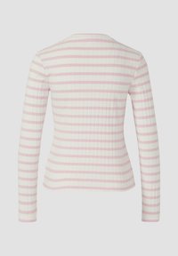 Long-sleeve top in white with pink horizontal stripes, featuring a ribbed texture and a rounded neckline.