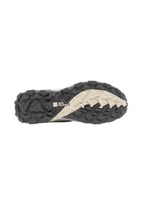 Soletta in gomma nera e beige con motivo di aderenza texturizzato; presenta lugs triangolari per la trazione e un dettaglio del logo sul lato.