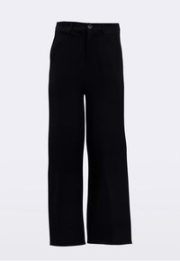 Sorte, vidde bukser med knaplukning foran, lavet af glat stof. Har et klassisk design og en hel-lang silhuet.