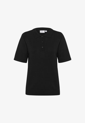 Zwart poloschirt met korte mouwen, voorzien van een kraag, een drieknoopsluiting, ribgebreide mouwen en een gladde textuur.