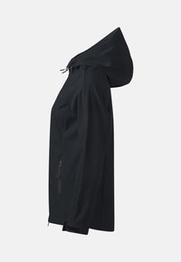 Veste noire à capuche avec poche zippée à l'avant et bracelet de poignet réglable, vue de côté sur fond uni.