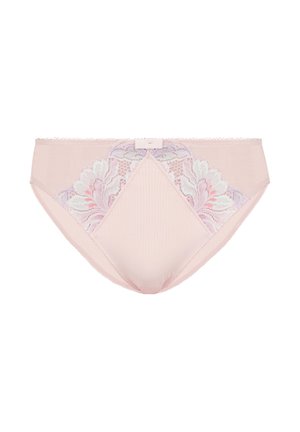 Culotte rose clair avec accents en dentelle florale, texture côtelée et détail nœud au centre du dos. Bords lisses et design subtil.