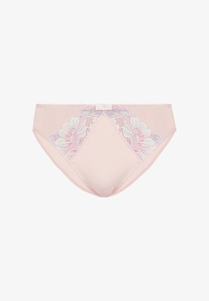 Hellrosa Slip mit floralen Spitzenakzenten, gerippter Textur und einer Schleifendetail in der Mitte am Rücken. Glatte Kanten und dezentes Design.