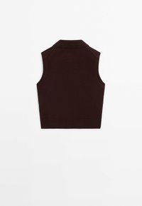 Gilet de pull sans manches en tricot marron foncé avec col, vu de dos sur fond blanc.