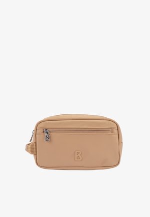Kompakte beige rechteckige Kulturbeutel mit Frontreißverschlusstasche, Stoffgriff an der Seite und einem erhöhten Buchstaben-B-Logo auf der Vorderseite.