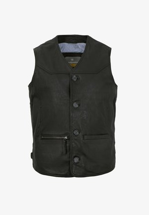 Schwarze ärmellose Lederweste mit vier vorderen Knöpfen, einer Reißverschlusstasche auf der linken Seite und einer horizontalen Tasche auf der rechten Seite.