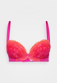 Lace bh med en gradient fra rød til rosa, med bøyler og justerbare stropper. Midtdekorasjon med en liten edelsten.