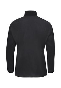 Maglione in pile nero con colletto alto, maniche lunghe e orlo dritto. Texture morbida con finitura liscia e senza motivi o dettagli visibili.
