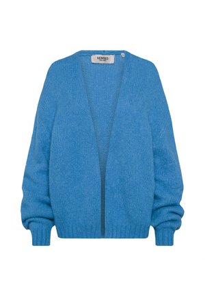 Light blue cardigan with a deep V-neck and open front. Soft knit texture, features balloon sleeves and ribbed cuffs and hem.