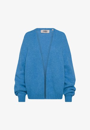 Light blue cardigan with a deep V-neck and open front. Soft knit texture, features balloon sleeves and ribbed cuffs and hem.