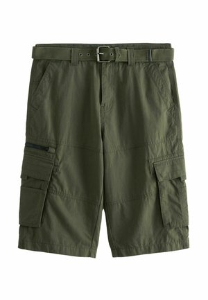 Pantaloni cargo verde oliva con cintura intrecciata, numerose tasche laterali e dettaglio con zip. Realizzati in tessuto leggero con una superficie liscia.