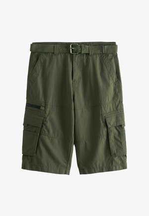 Pantaloni cargo verde oliva con cintura intrecciata, numerose tasche laterali e dettaglio con zip. Realizzati in tessuto leggero con una superficie liscia.